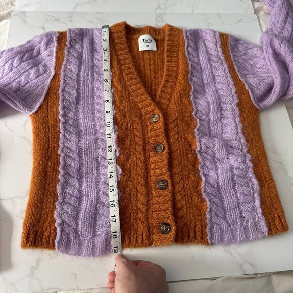 Tach Clothing Colorblock Lilac and Rust Cable Knit Cropped Cardigan Sweater - M - Picture 9 of 14